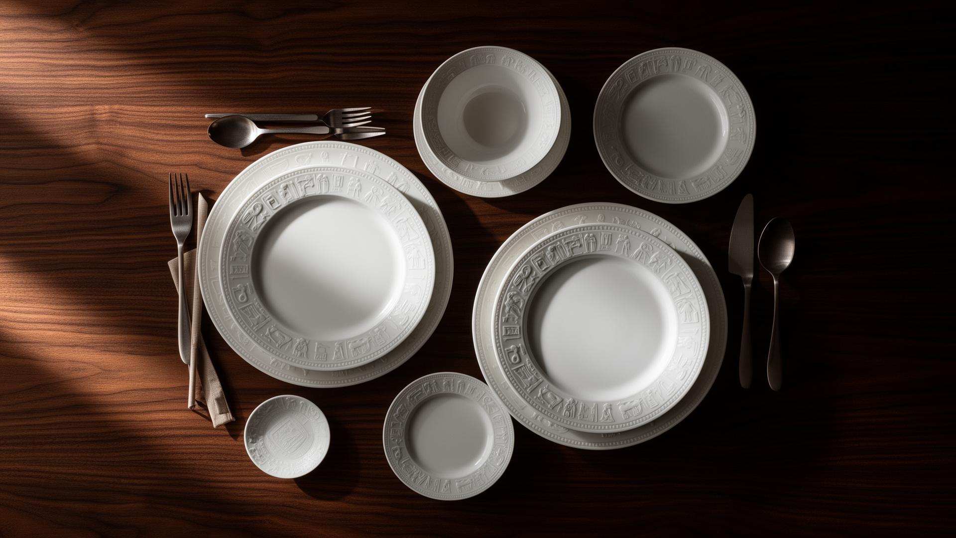 Embossed fine china dinnerware arranged on a walnut table